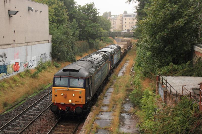 6S43: 57008 + 57011 on 6S43 06.42 Carlisle to Torness Power Stn passing through the remains of Morningside Stn on 13/09/2013 Photo of 6S43