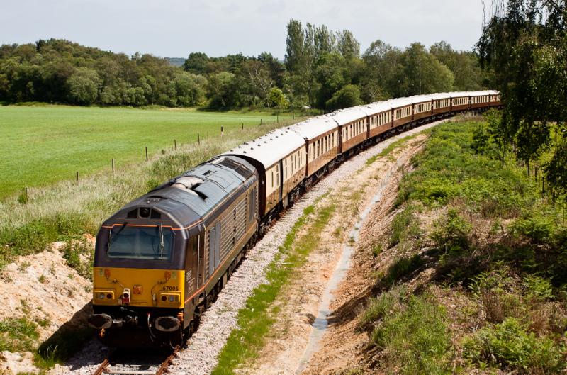 VSOE Pullmans: On the back of the Pullmans is Royal liveried 67005. This part of the Swanage branch is between the NR/SR boundary at Cats Eye and Norden station. Photo of VSOE Pullmans