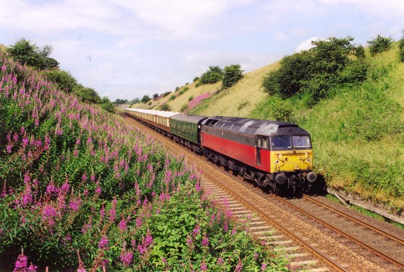 VSOE Pullmans: RES liveried 47635 drops down Lochmuir Bank with the VSOE Pullmans working an Edinburgh to Perth and back tour. 1/8/1998 Photo of VSOE Pullmans