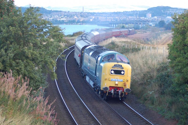 55022 1Z24 Wormit: 55022 Royal Scots Grey powers away from the Tay Bridge working 1Z24 Inverurie - Oban. 14th September 2013. Photo of 55022 1Z24 Wormit
