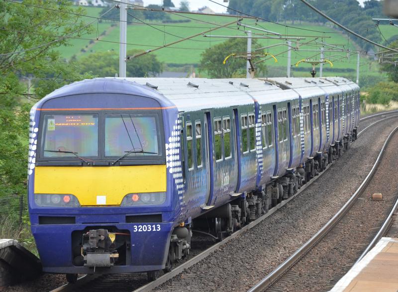 Carluke 320: 320313 is the rear unit on 2C65 the 1123 Lanark to Dalmuir at Carluke on Sep 9th 2013 Photo of Carluke 320