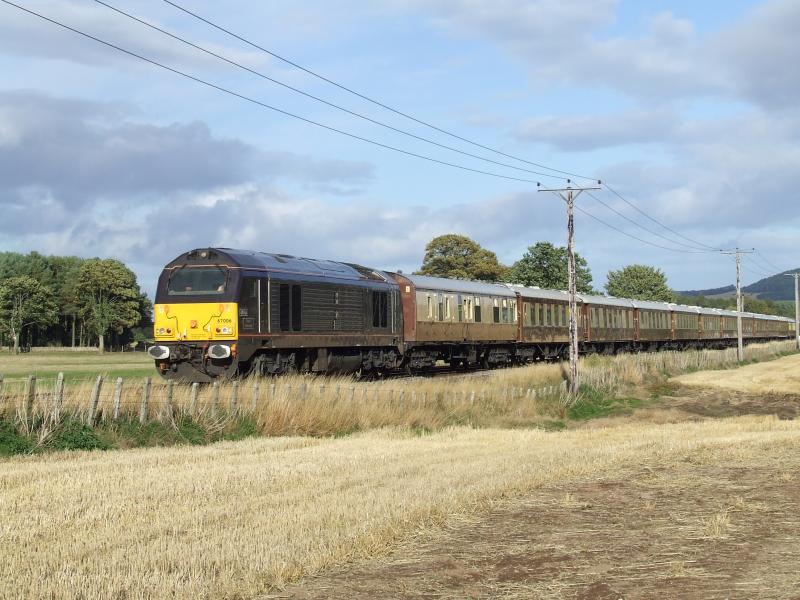 67006 on Orient Express ECS: 67006 heads Orient Express ECS from Dundee to Stewart's Lane over Bow of Fife LC on Monday 16 Sept 2013 Photo of 67006 on Orient Express ECS