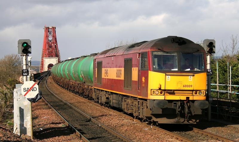 60009: The other 60009 comes off the Forth Rail Bridge at Dalmeny on 12.03.08, while working the 6D71 Linkswood - Mossend empty tanks. Photo of 60009