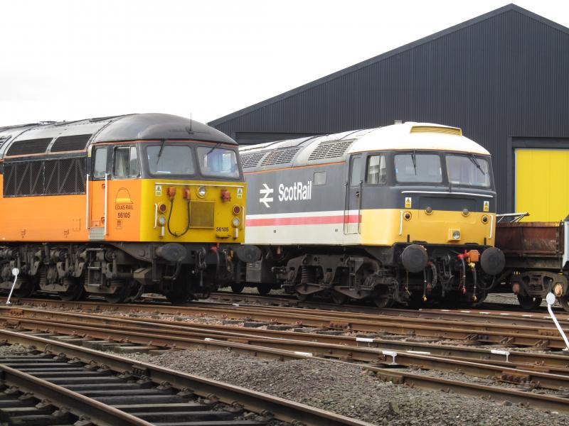 56105 and 47643: 47643 and Colas 56105 sit in Boness yard. 12/10/2013 Photo of 56105 and 47643