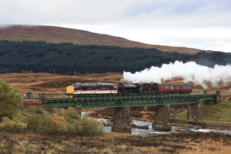 Ghaoir Viaduct: ex-Ian Riley's 37518 (now West Coast's?) takes 62005+POB back to Carnforth, crossing Garbh Ghaoir Viaduct south of Rannoch, 26/10/13. Photo of Ghaoir Viaduct