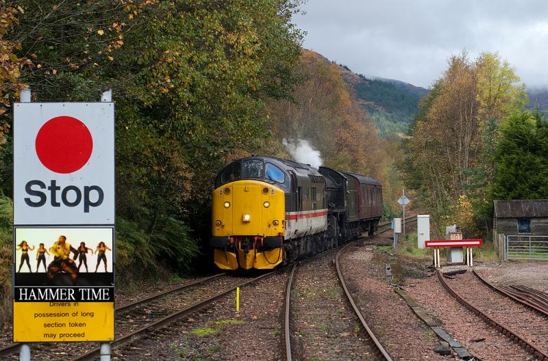 New sign at Ardlui? : 37518 approaches Ardlui with 62005 running as 5Z52 Fort William - Carnforth on 26th Oct 2013. Photo of New sign at Ardlui?