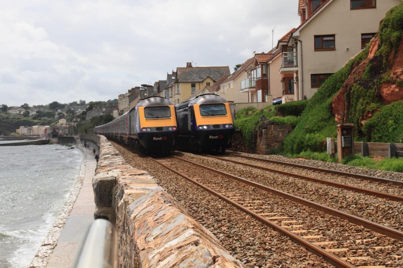 Sea Wall at Dawlish before being washed away: 2 Hst's pass along the sea wall at Dawlish on 01/07/2012 on the section washed away on 05/02/2014 Photo of Sea Wall at Dawlish before being washed away