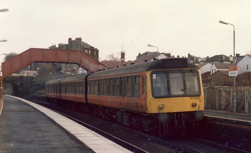 Johnstone before the wires: The 11:52 Glasgow to Ayr at Johnstone on 13th Jan 1986 Photo of Johnstone before the wires