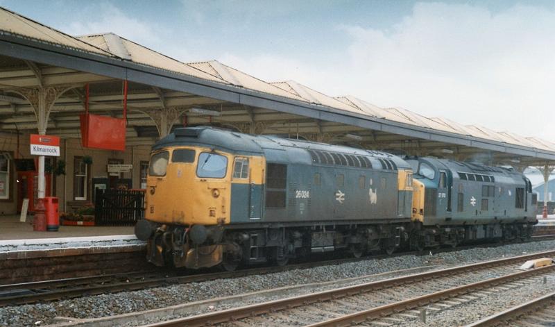 Twa dugs: 26024 and 37170 (both with Eastfield terrier emblems)running light engines from Ayr to Carlisle. September 1988 Photo of Twa dugs