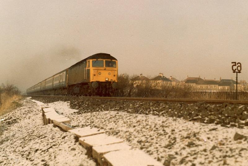 Speed restriction: 47497 on the Stranraer to Euston boat train near Hurlford on 13th Jan 1986. I'm pretty sure the speed restriction here is now down to 20. Photo of Speed restriction