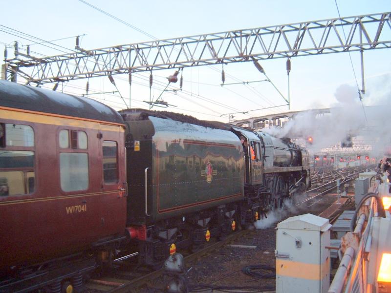 First since 1962: Back to Glasgow after 46 years, 71000 Duke of Gloucester tailing her stock into No.11 at Glasgow Central-67030 on the other end. Photo of First since 1962