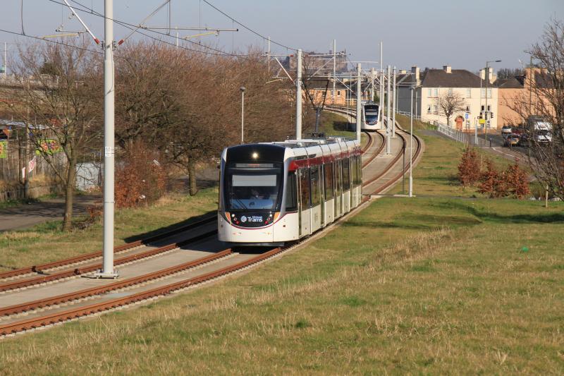 Tram 258: Tram 258 approaching the Saughton tram stop. Photo of Tram 258