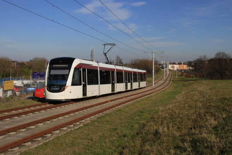 Tram 252 note the logo: Tram 252 east of the Saughton tram stop.Edinburgh logo not applied yet. Photo of Tram 252 note the logo