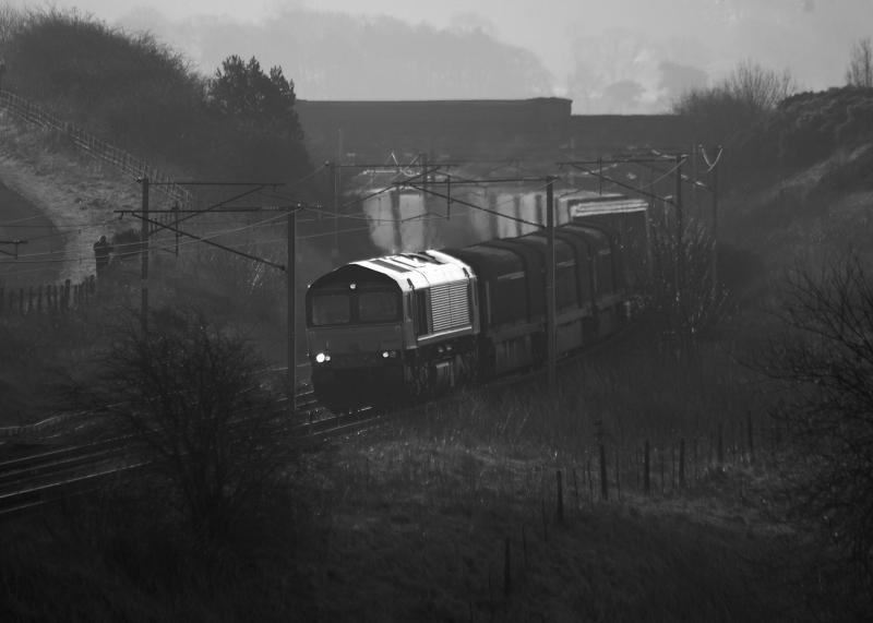 66429 NB 16042008.jpg: Early morning B&W shot of 66429 running north on the 16th April whilst waiting for 71000 on Day 5 of the North Briton Photo of 66429 NB 16042008.jpg
