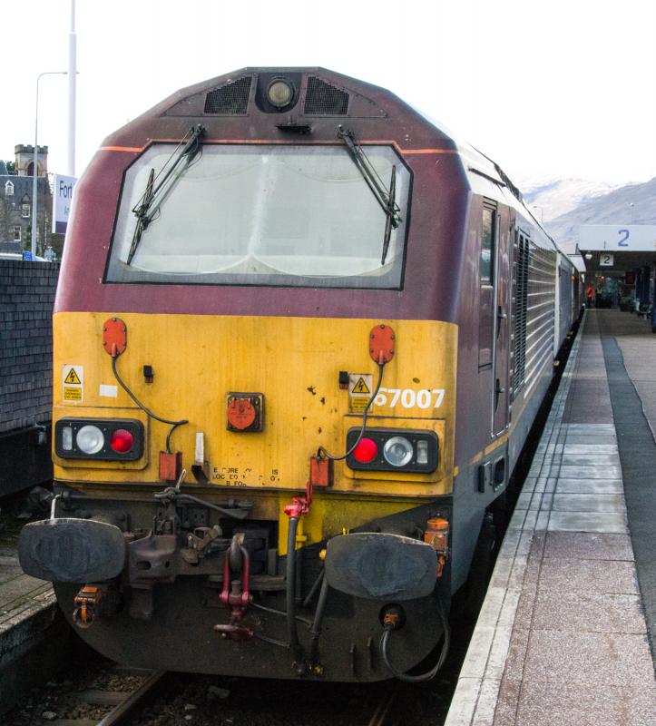 67007: 67007 sits with the sleeper stock at Fort William.26/03/14 Photo of 67007