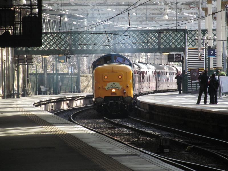 55002 in Edinburgh: 55002 'KOYLI' arrives in to Edinburgh Waverly with 'The Deltic Aberdonian'. 12/4/2014 Photo of 55002 in Edinburgh