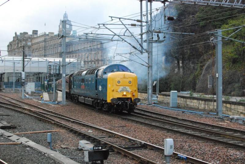 The Deltic Aberdonian heads south: The return leg of the Aberdonian Railtour (52A Tours) leaving Edinburgh behind 55 002 just after 6:40pm on Saturday 12th April. Great nostalgia! :-) Photo of The Deltic Aberdonian heads south