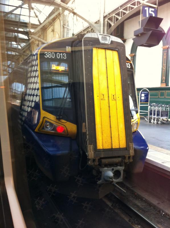 380 013 - Glasgow Central: 380 013 about to depart with the 17:55 GLC - WMS on Saturday 19th April 2014. Photo of 380 013 - Glasgow Central