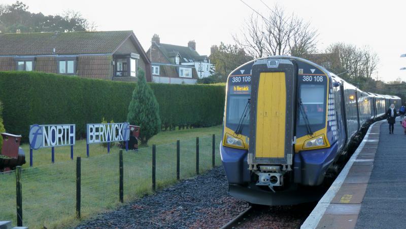 380 emu at North Berwick: Class 380 108 at a well-kept North Berwick station on a chilly day. Photo of 380 emu at North Berwick