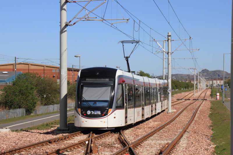 Tram 251: Tram 251 passing over the crossover at Edinburgh Park eastbound on 19/04/2014 Photo of Tram 251