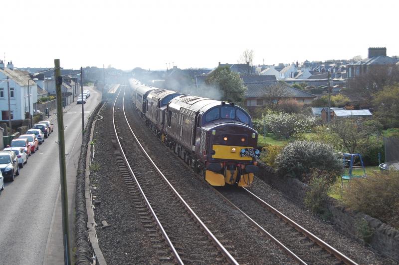 The Royal tractor Scotsman: 37685 & 37516 power away from a signal check at Carnoustie with 1H79 Edinburgh - Keith Royal Scotsman tour. Monday 21st April 2014. Photo of The Royal tractor Scotsman