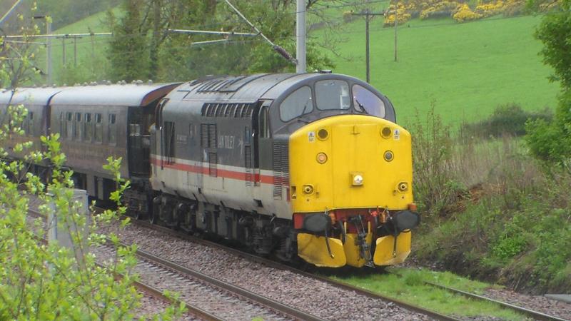 37518 down the Bay Line: Intercity liveried 37518 sits in the passing loop at Dunrod (Greenock) with 1H87 Royal Scotsman working from Bridge of Orchy - Wemyss Bay. 4th May 2014 Photo of 37518 down the Bay Line