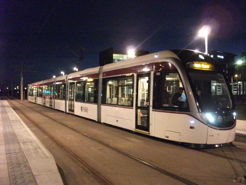 Tram 253 at night: Edinburgh Park 24/04 with driver reading instructions?? Photo of Tram 253 at night