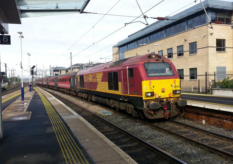 Loco hauled and Virgin Mk 3 coaching stock!: A Class 67 arrives at the new Haymarket Station on a bright spring morning in May 2014. It is amazing to see how much Haymarket has changed. Photo of Loco hauled and Virgin Mk 3 coaching stock!