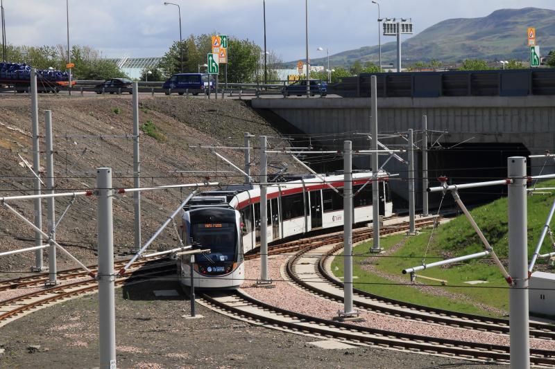 Tram 260: Tram 260 entering the underpass at the site of the Edinburgh Gateway station on 09/05/2014 before construction. Photo of Tram 260