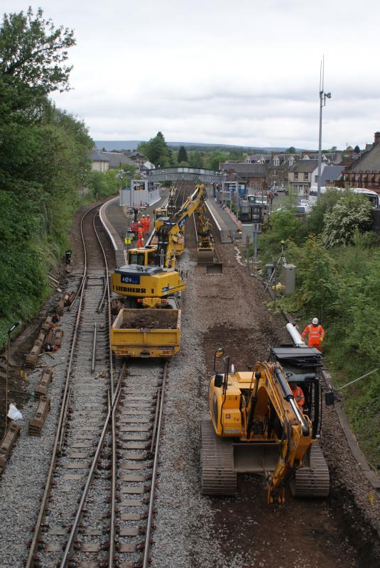 Track Lowering at Dunblane week 2: Track lowering for OHL clearance at B8033 overbridge Dunblane on 24.05.2014. This week its the turn of the Up Line. Photo of Track Lowering at Dunblane week 2