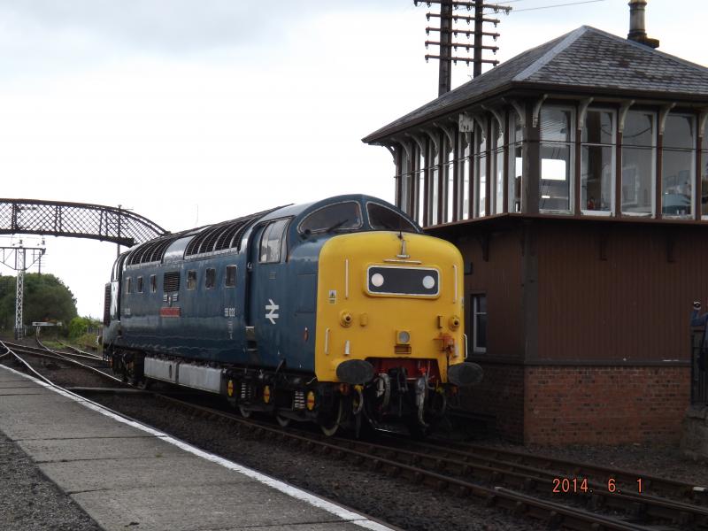 Box Set: 55 022, Royal Scots Grey, at Bo'ness Signal Box on the afternoon of 2nd June 2014 after completing her duties. Photo of Box Set
