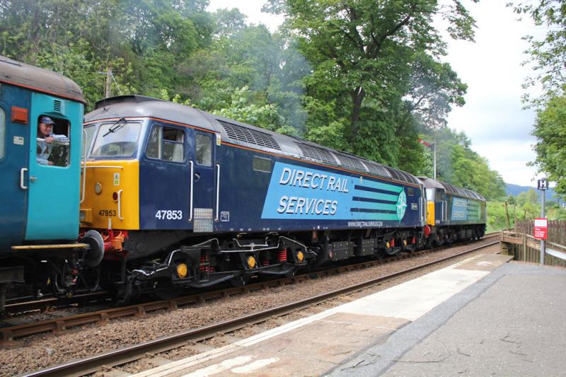 1Z61_Leeds to Aviemore_The Highland Clansman: 47501 & 47853 pulling out of Dunkeld & Birnam station friday 06/06 Photo of 1Z61_Leeds to Aviemore_The Highland Clansman
