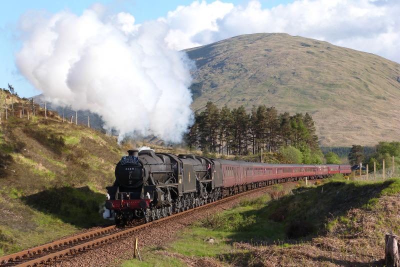 Steam Dream's 'Explorer': 44871 and 45407 climb out of Bridge of Orchy on Tuesday 13th May 2014. Photo of Steam Dream's 'Explorer'