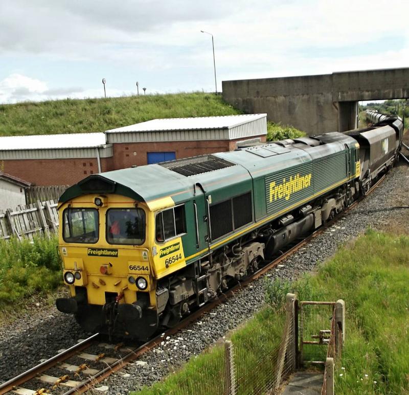 66544: 66544 departs Barassie yard after running round on the 6M71
14:42 Hunterston - Carlisle NY coal working. 24th June 2014 Photo of 66544