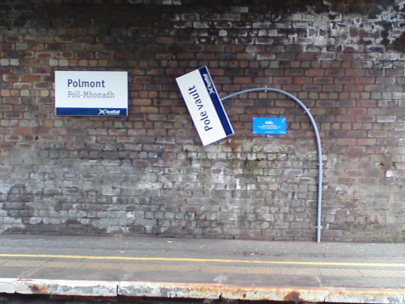 Polmont /polevault: Station signage erected in support of Glasgow Commonwealth Games, July / August 2014. Photo of Polmont /polevault