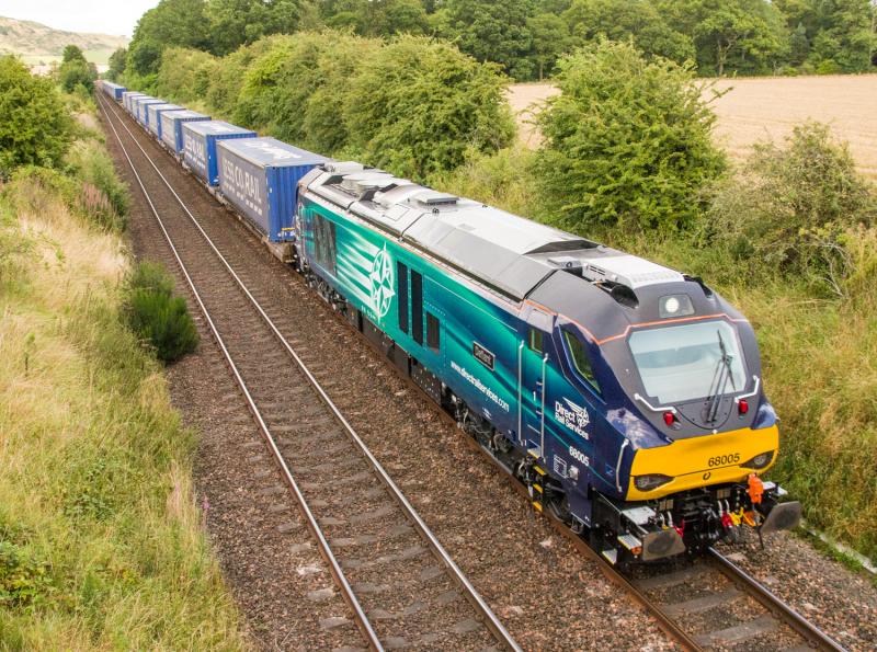 68005 Defiant: Seen from above as it passes Farmhall farm tonight. 07/08/14 Photo of 68005 Defiant