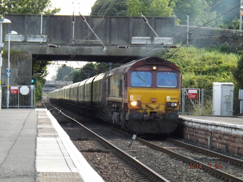 An Evening in Ayrshire: Kilwinning: A Class 66 rumbles through Kilwinning with a coal train on a warm summer evening. Photo of An Evening in Ayrshire: Kilwinning