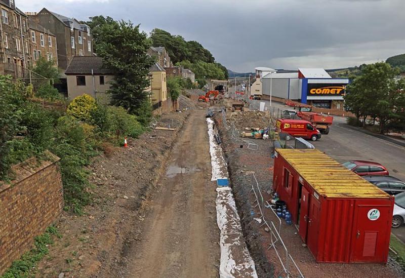 Trackbed at Magdala Terrace, Galashiels: The Waverley trackbed photographed from the footbridge at Magdala Terrace, Galashiels on 18th August 2014, looking towards Ladhope Tunnel. Photo of Trackbed at Magdala Terrace, Galashiels