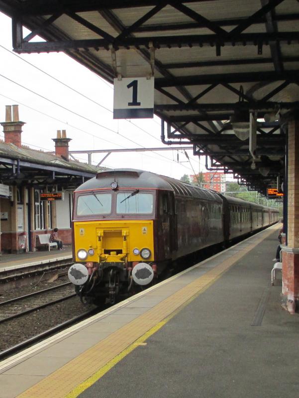 5Z74 heading east at Dumbarton Central 3 Sept 2014: WCRC Class 57 #57313 with ECS from Fort William to Carnforth Photo of 5Z74 heading east at Dumbarton Central 3 Sept 2014