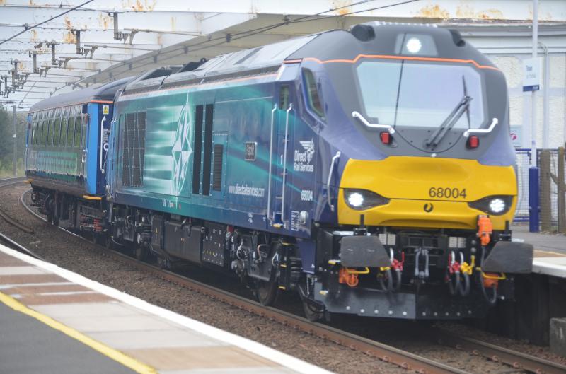 Ayrshire debut: 68004 Rapid at Troon bringing a DRS coach from Kilmarnock to Carlisle. Photo of Ayrshire debut