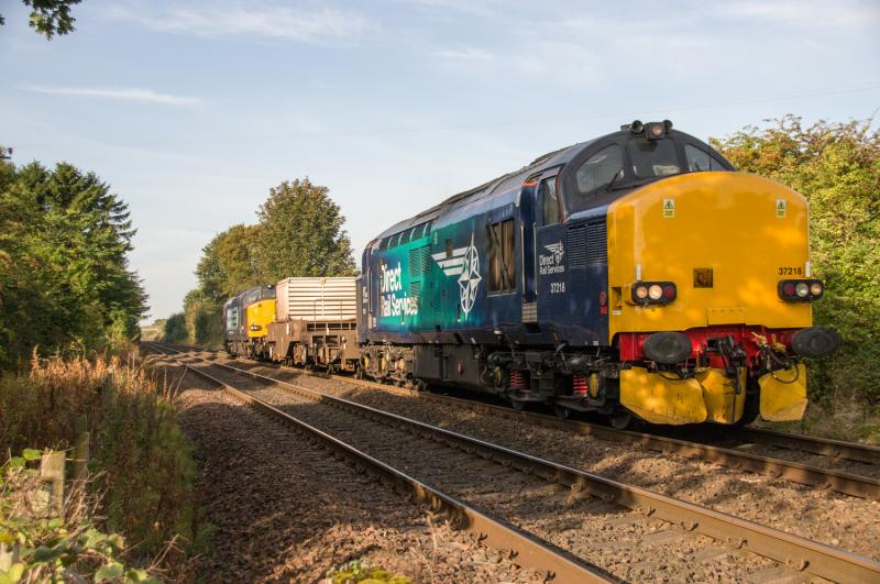 37218: 37218 heads north at Forgandenny, 37607 is on the rear, 08/09/14. Photo of 37218