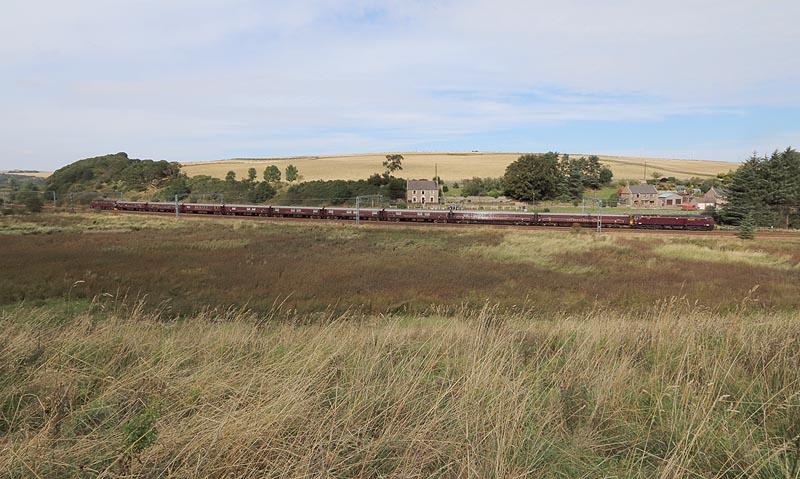 Royal Scotsman at Grantshouse: WCRC Class 57 57313 iwith 1Z30 Edinburgh to Amble, seen in Grantshouse UGL on the afternoon of 8th September 2014. Class 47 47854 was dead in tow. Photo of Royal Scotsman at Grantshouse