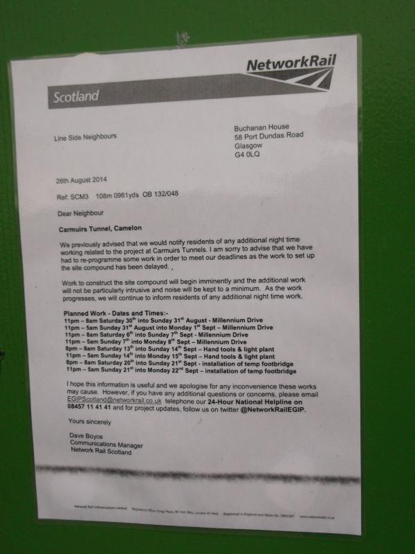 Network Rail info on Carmuirs tunnel noticeboard: Photo of Network Rail info on Carmuirs tunnel noticeboard