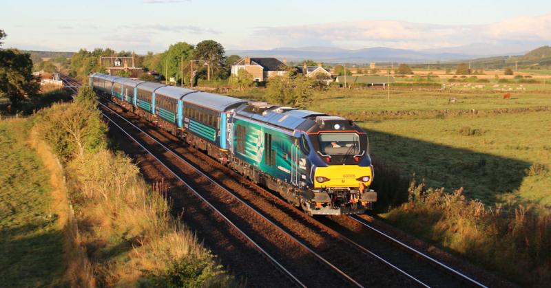 5Z25 Gleneagles - Dundee at Forteviot - 68006 and 68005: Heading to Perth as the sun comes up Photo of 5Z25 Gleneagles - Dundee at Forteviot - 68006 and 68005