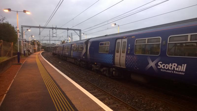 Class 320 at Bargeddie (the electrification is completed)!: 320 322 stops at Bargeddie station at around 0800, 1/10/14, on a test run! Finally, the Whifflet Line is live! Photo of Class 320 at Bargeddie (the electrification is completed)!