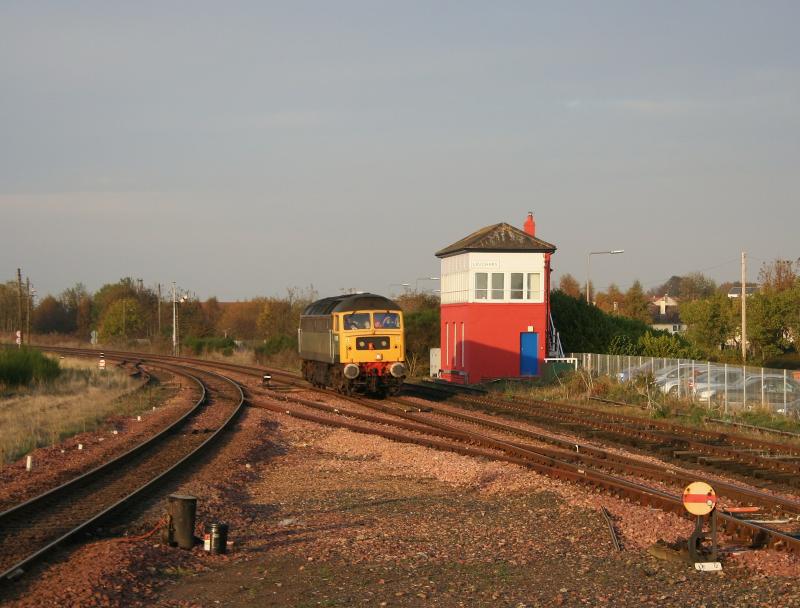 47812 Leuchars October 2009: Route learner passing Leuchars signal box and sunny semaphores Photo of 47812 Leuchars October 2009