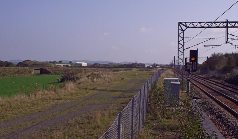 Blackrigg No.2 Colliery branch: Looking towards Edinburgh from the end of the Up platform at Blackridge. The branch from Blackrigg No.2 Colliery, on the left, joined the main line at Woodend Jct. - just beyond the station. Photo of Blackrigg No.2 Colliery branch