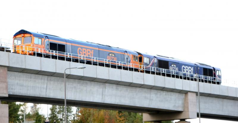 Hardengreen Viaduct: 66736 & 66726 double heading rail laying train across Hardengreen Viaduct for the first time.15/10/14 Photo of Hardengreen Viaduct