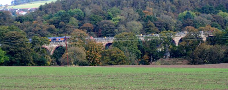 Lothianbridge Viaduct: First train onto viaduct 15/10/14. Foliage spoiling the shot but just had to record occasion.Thats as far as train went. Try tomorrow for better shot maybe. Photo of Lothianbridge Viaduct