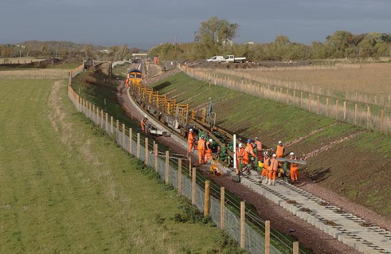 Track laying at Kirkhill: Track laying near Kirkhill, Midlothian on the afternoon of 17th October 2014. 66736 is the locomotive in charge. Photo of Track laying at Kirkhill